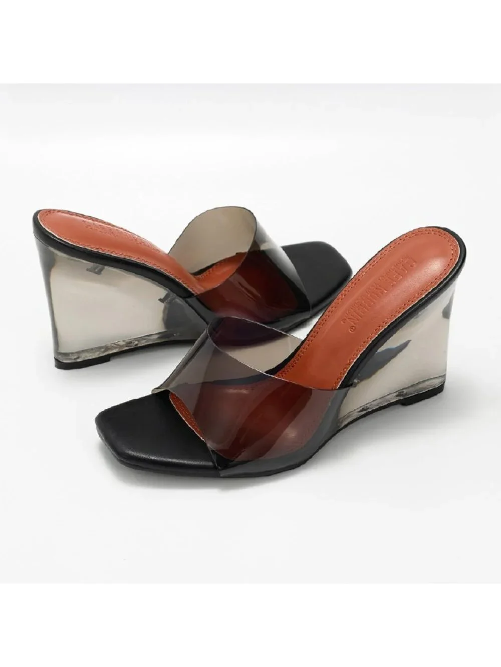 Clear Wedge Heels for Women - Square Toe Transparent Slip-On Sandals - 3.75